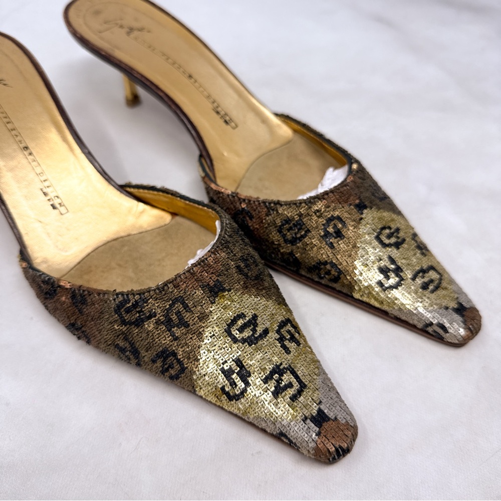 Giuseppe Zanotti Vicini Vintage 90s Y2K Sequin GZ Logo Pointed Kitten Heel Mules
